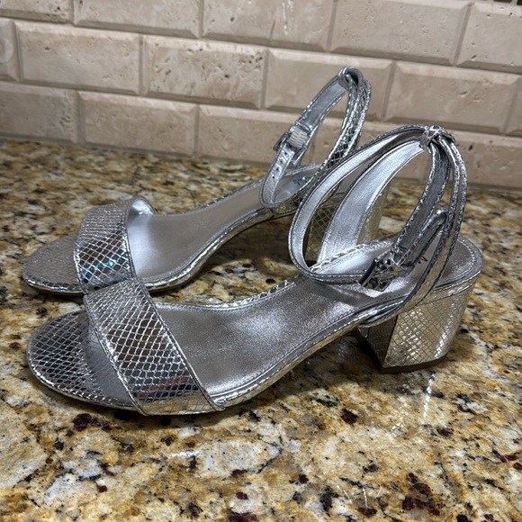 Michael Kors Shoes - Michael Kors silver snakeskin leather block heel ankle strap sandals